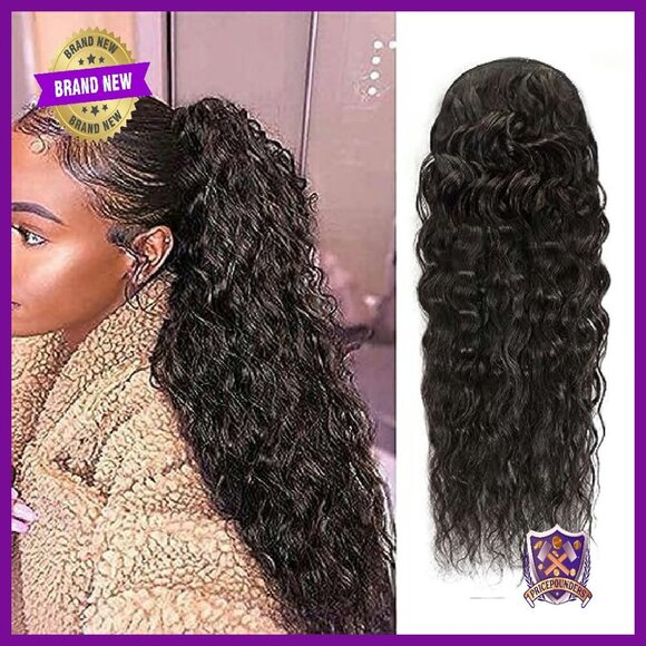 14 Inch Human Hair Ponytail Extension Water Wave Clip In Drawstring main image 5